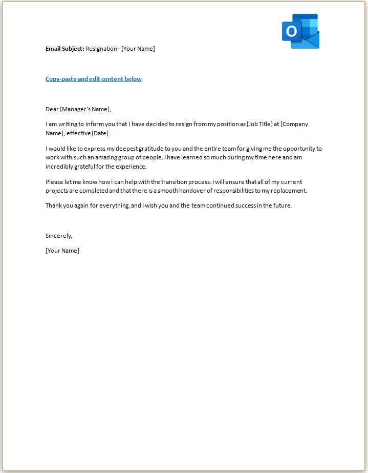 Generic Email formal resignation template